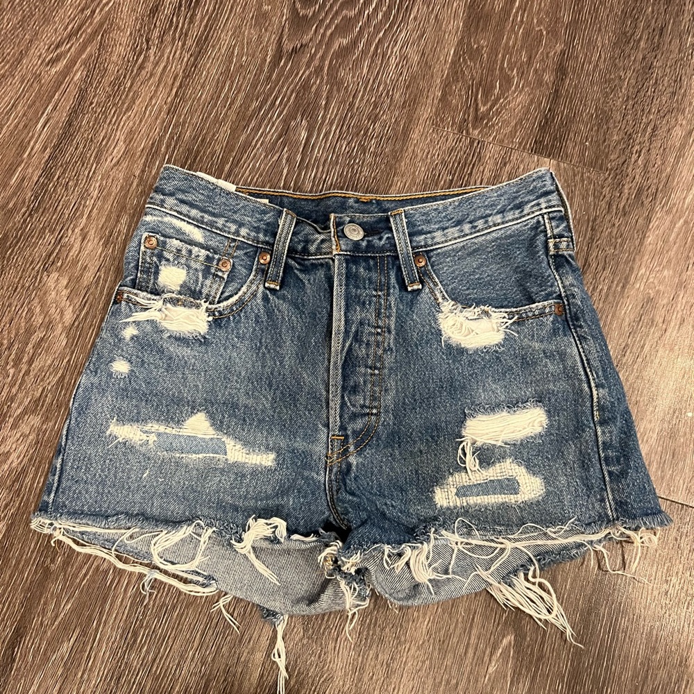 Levis High Rise Distressed Denim Shorts - Picture 5 of 9